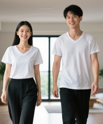 เสื้อยืดสีขาวคอวี คอกระชับเข้ารูป สวมใส่ได้ ชายและหญิง